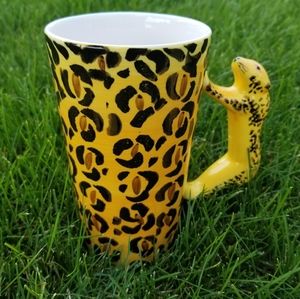 World Market Handpainted Leopard Cat Handle Tall Ceramic Mug 16oz
